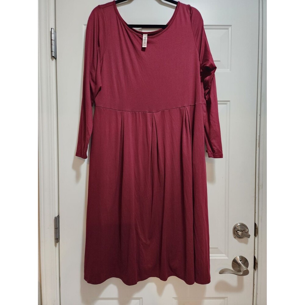 24Seven Comfort Apparel Burgundy Long Sleeve Pleated Empire Waist Midi Dress 1X